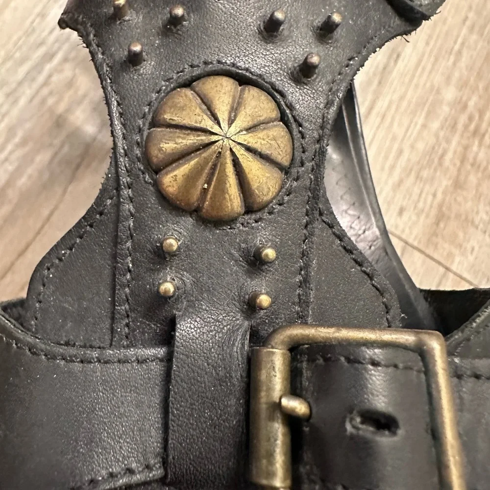 Manolo Blahnik Black Leather Buckle Sandals Brass Medallion Vintage Heels
